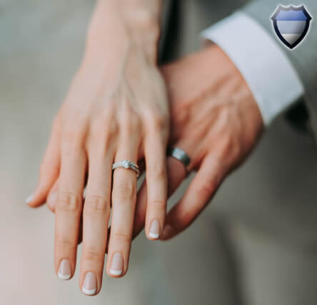 Bride and groom show wedding rings on their fingers