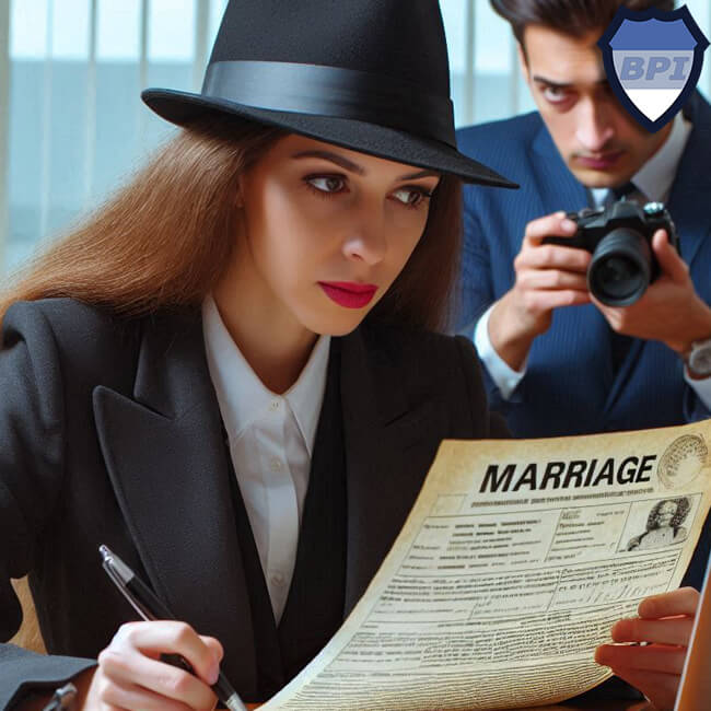 Private investigators checking marriage records