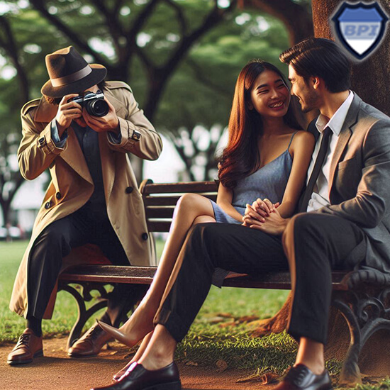 Private investigator taking photos of a couple sitting on a park bench