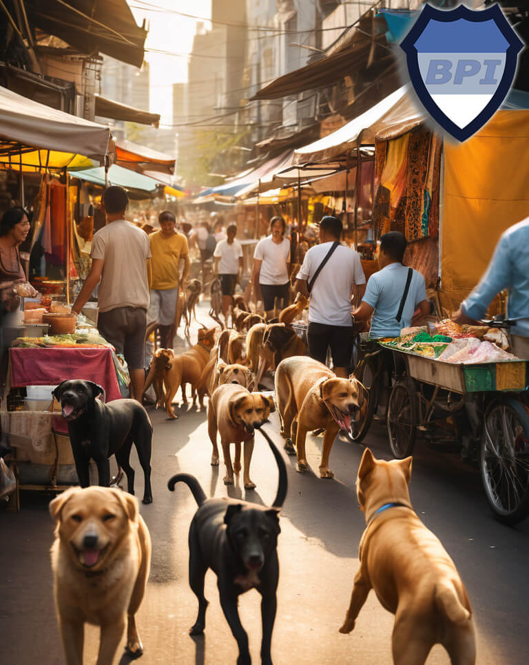 Soi dogs in a market in Thailand