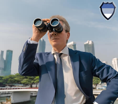 Investigator wearing a suit and looking through binoculars in metropolitan Bangkok