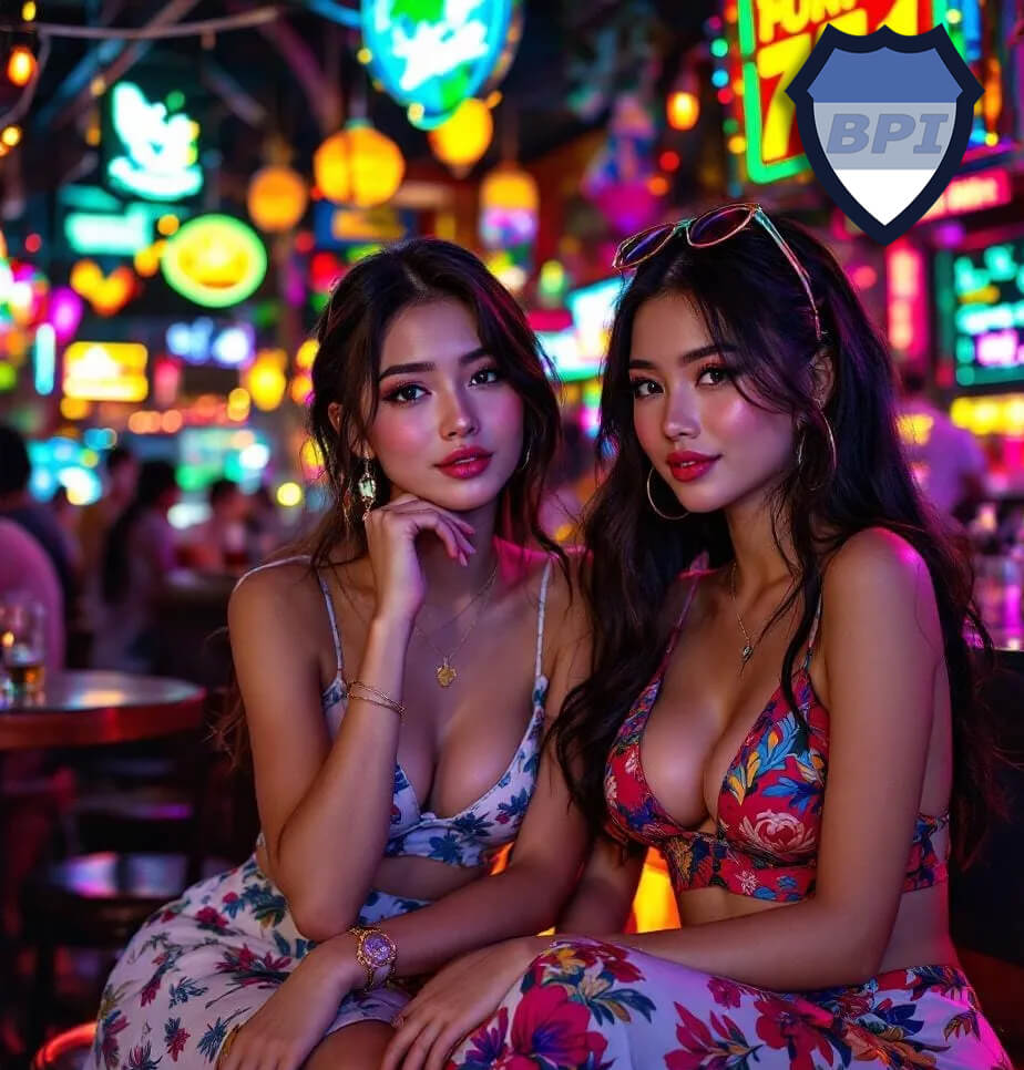 Two attractive Thai women (aka Thai bar girls) sit at a bar and smile towards the camera