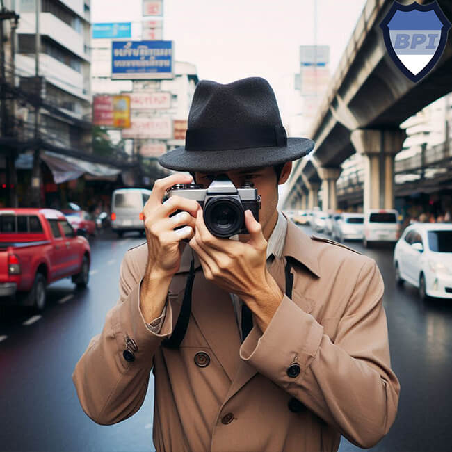 A private investigator taking photos on a busy road in Bangkok