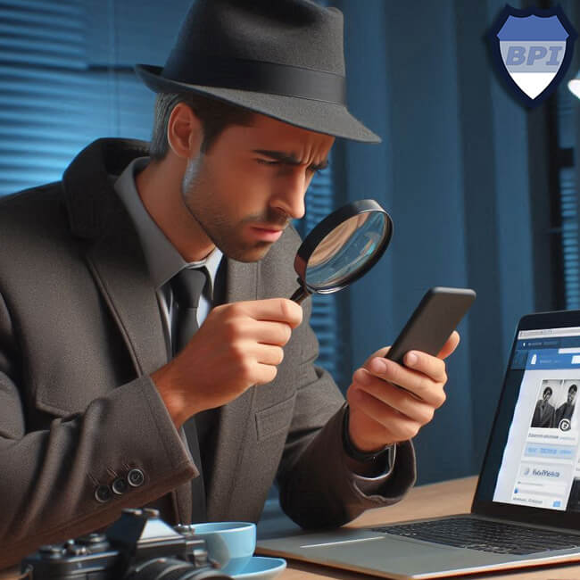 Private investigator researching social media and examining a phone