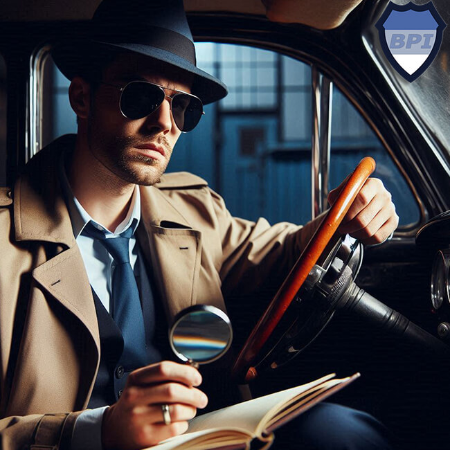 Private investigator sitting inside a car while holding a magnifying glass