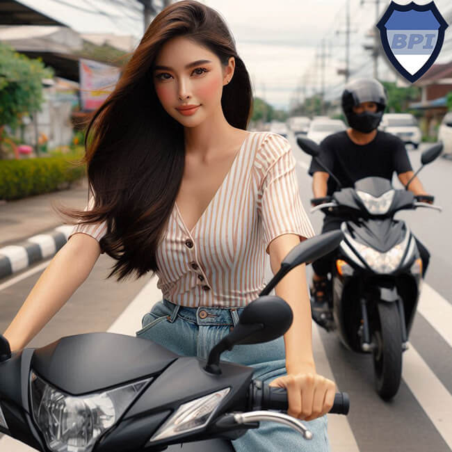 Thai lady riding a scooter in Bangkok while being followed by a private investigator