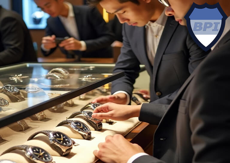 Customers shopping for watches in a retail store