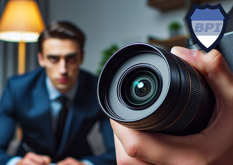 Private investigator wearing a suit and looking for a camera lens